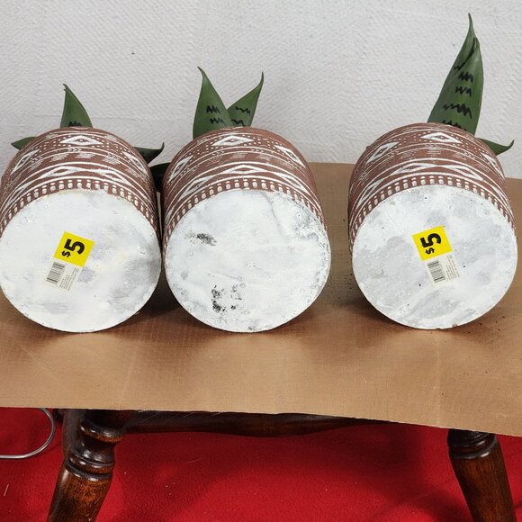 Faux Plants in Terracotta Tribal Print Faux Cement Pots Set of 3 4"Wx9"H - Picture 10 of 15